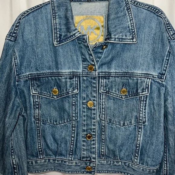 MICHAEL Michael Kors Cropped Denim Jacket Medium Wash with Gold Buttons | Size S - Picture 2 of 8